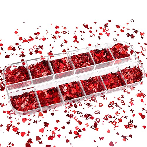 Valentine’s Day Nail Art Glitters Red Heart Nail Holographic Exquisite Nail Sequins Confetti Romantic Red Glitters Nail Supplies Valentines Nail Art Acrylic Design Accessories For Women Girls 12 Grid #TOP2