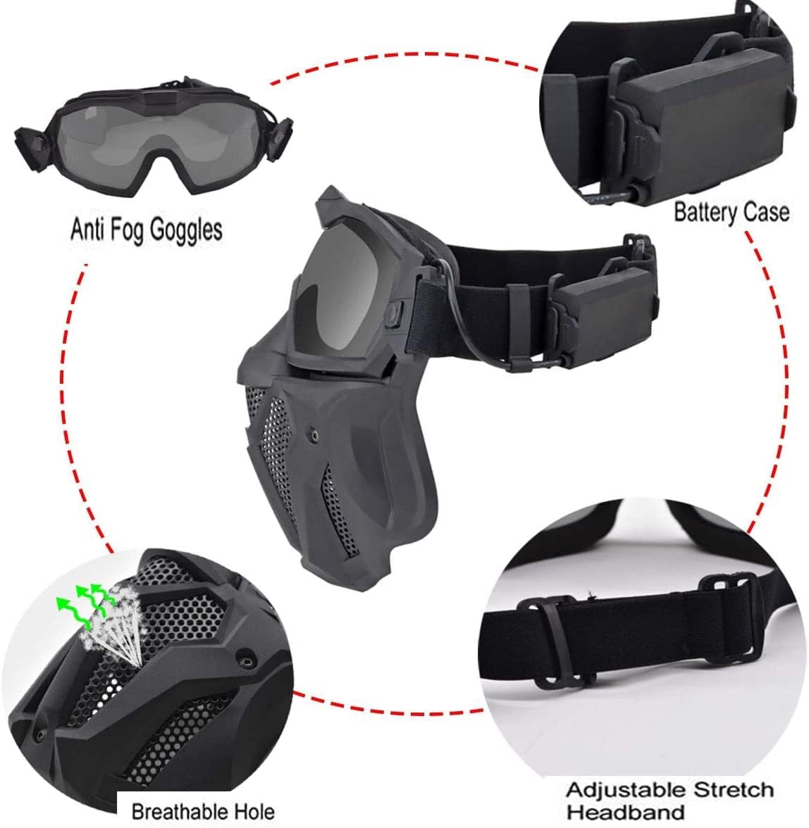 Tactical Airsoft Mesh Mask Full Face with Detachable Anti Fog Goggles for CS Survival Game,Halloween Cosplay and Movie Prop