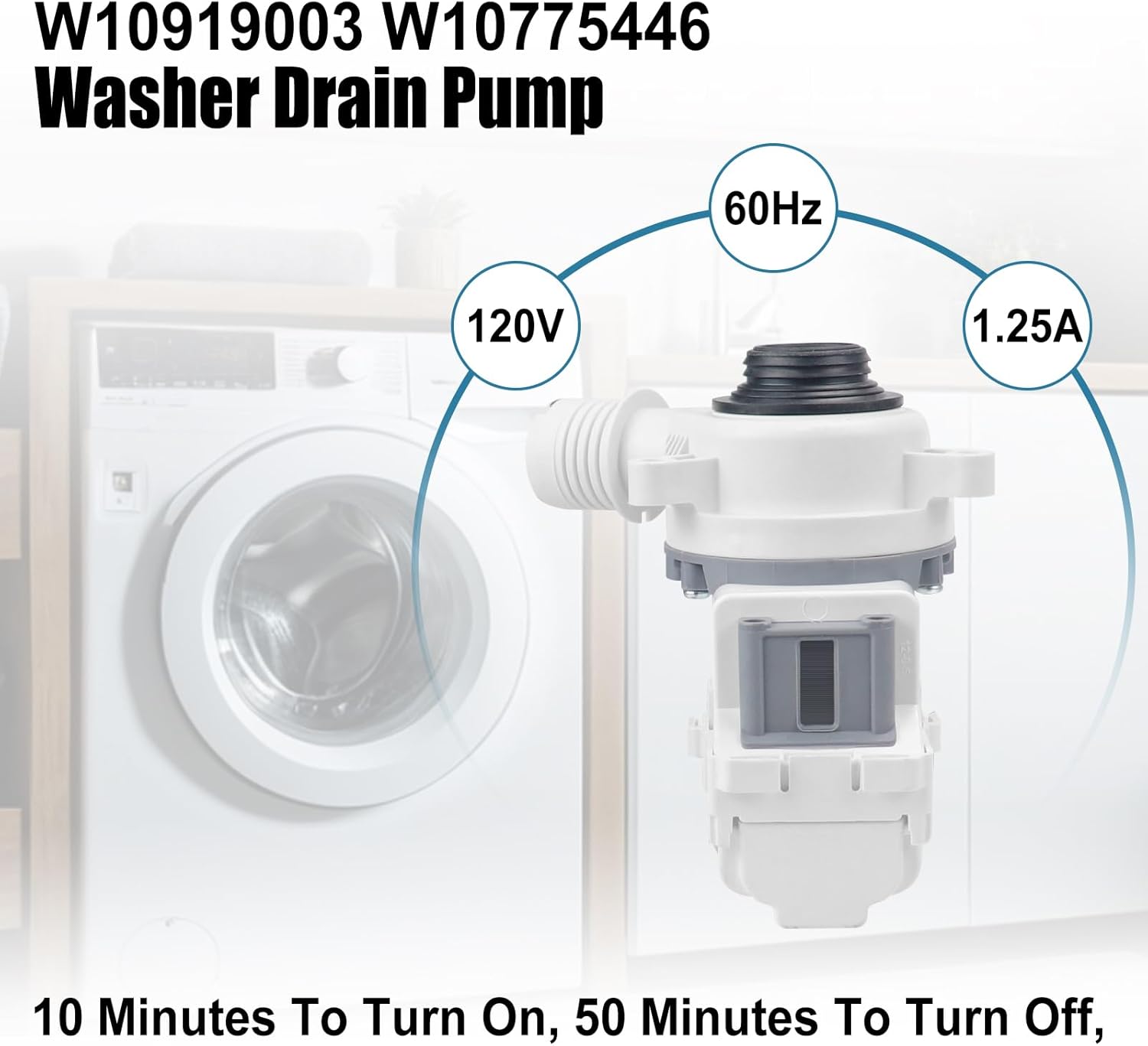 Upgraded W10919003 W10775446 Washer Drain Pump Replacement Compatible With Whirl-pool Ken-more Am-ana May-tag Washing Machine Water Drain Pump Motor Replace 4461359 AP6038235 PS11770076 EAP11770076