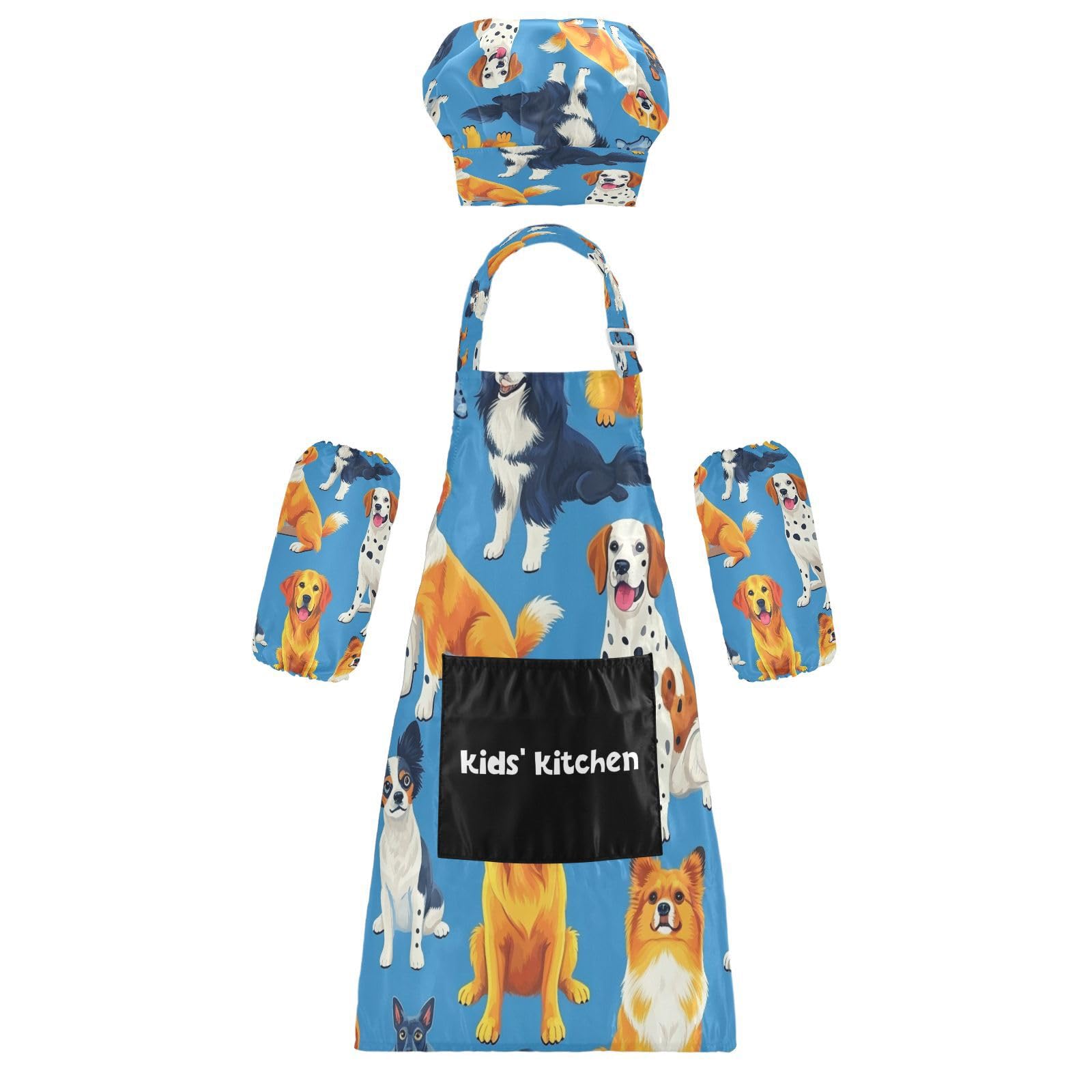 Bulletgxll Different Dogs Kids Apron and Chef Hat Set Adjustable Bib Aprons with Pockets for Cooking Baking Painting