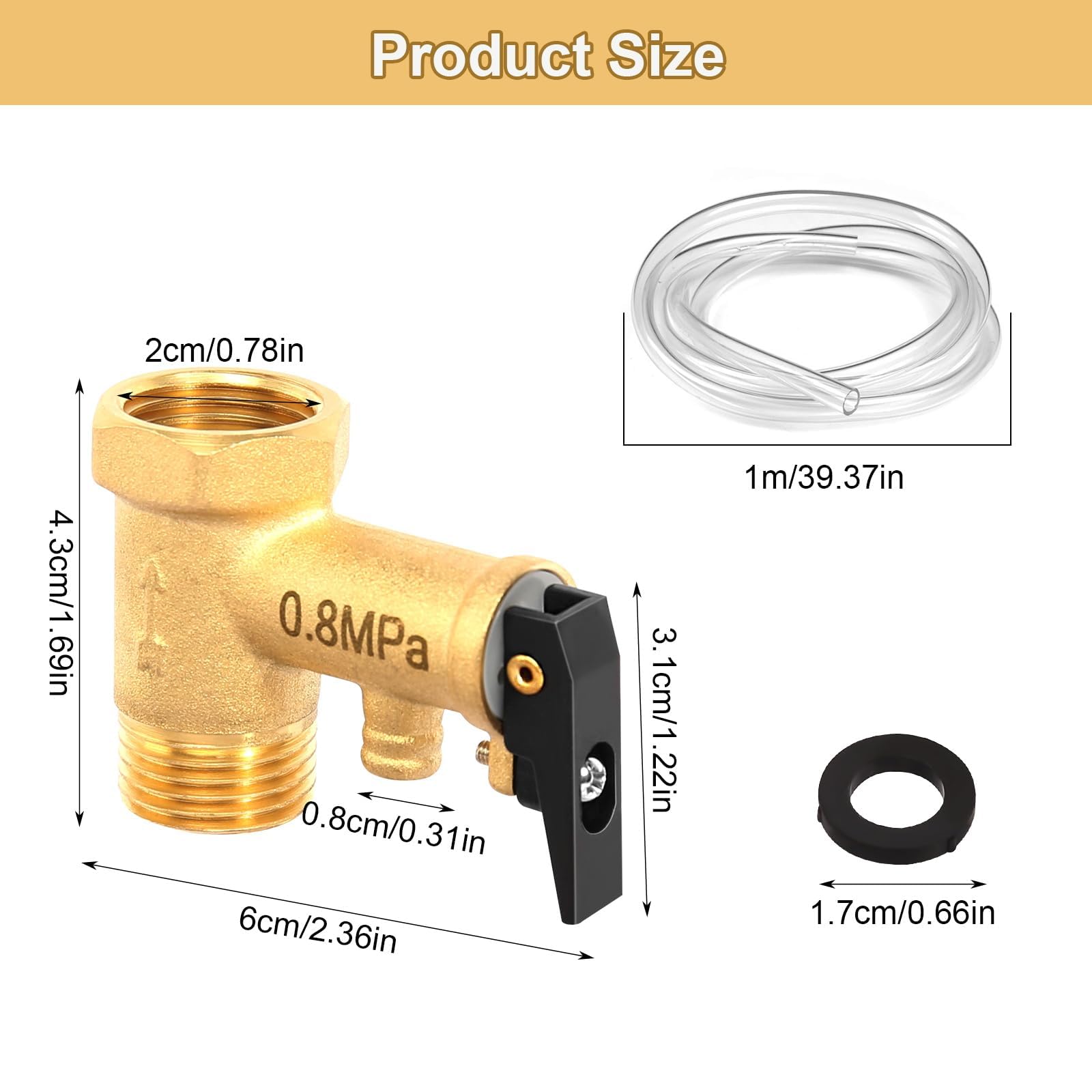 Soupape de Sécurité 1/2 Pouce, 0,8 MPa Soupape de Sécurité en Laiton avec Tuyau de Guide et Joint de 1M, 1/2" IG x 1/2" AG Chauffe-eau Valve de Surpression Non Retour