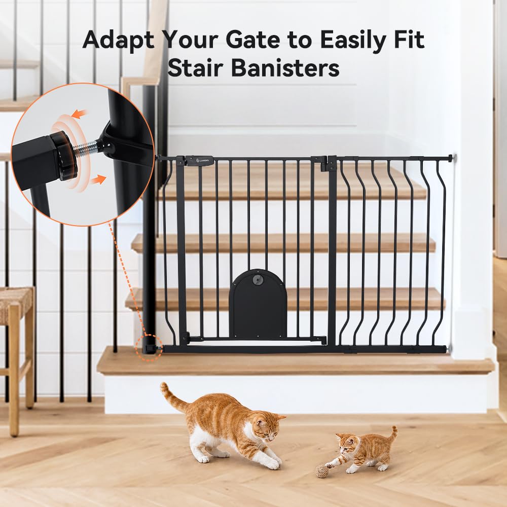 COMOMY Barrera Seguridad Niños para Puertas y Escaleras, 75 a 123cm Ultra Ancho Puerta Seguridad Bebe con Puerta Ajustable para Gatos, Barrera Seguridad Niños Escalera (Negro)