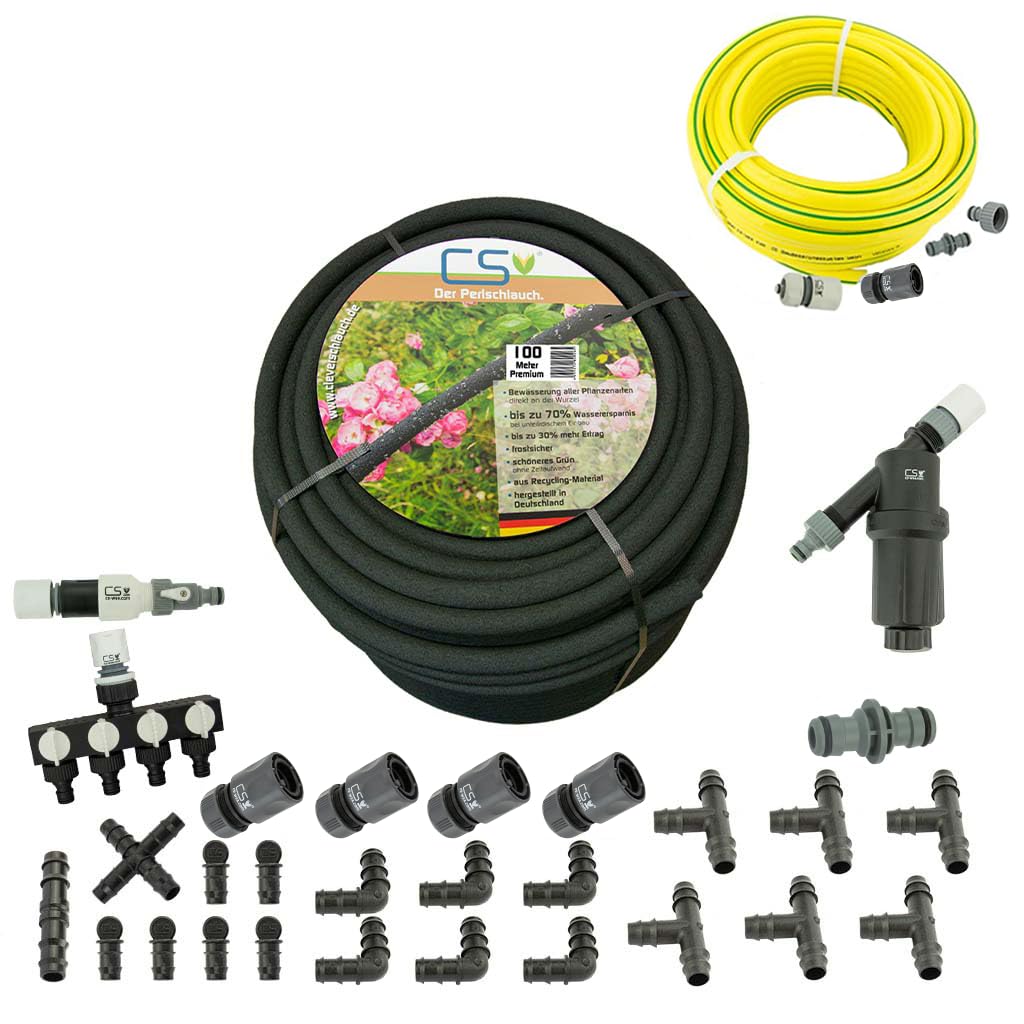 CS Perlschlauch Premium 100 m mit Zubehör für Gartenbewässerung Tropfschlauch für Beet Hochbeet Hecken Rasen Garten und Gewächshaus Made in Germany