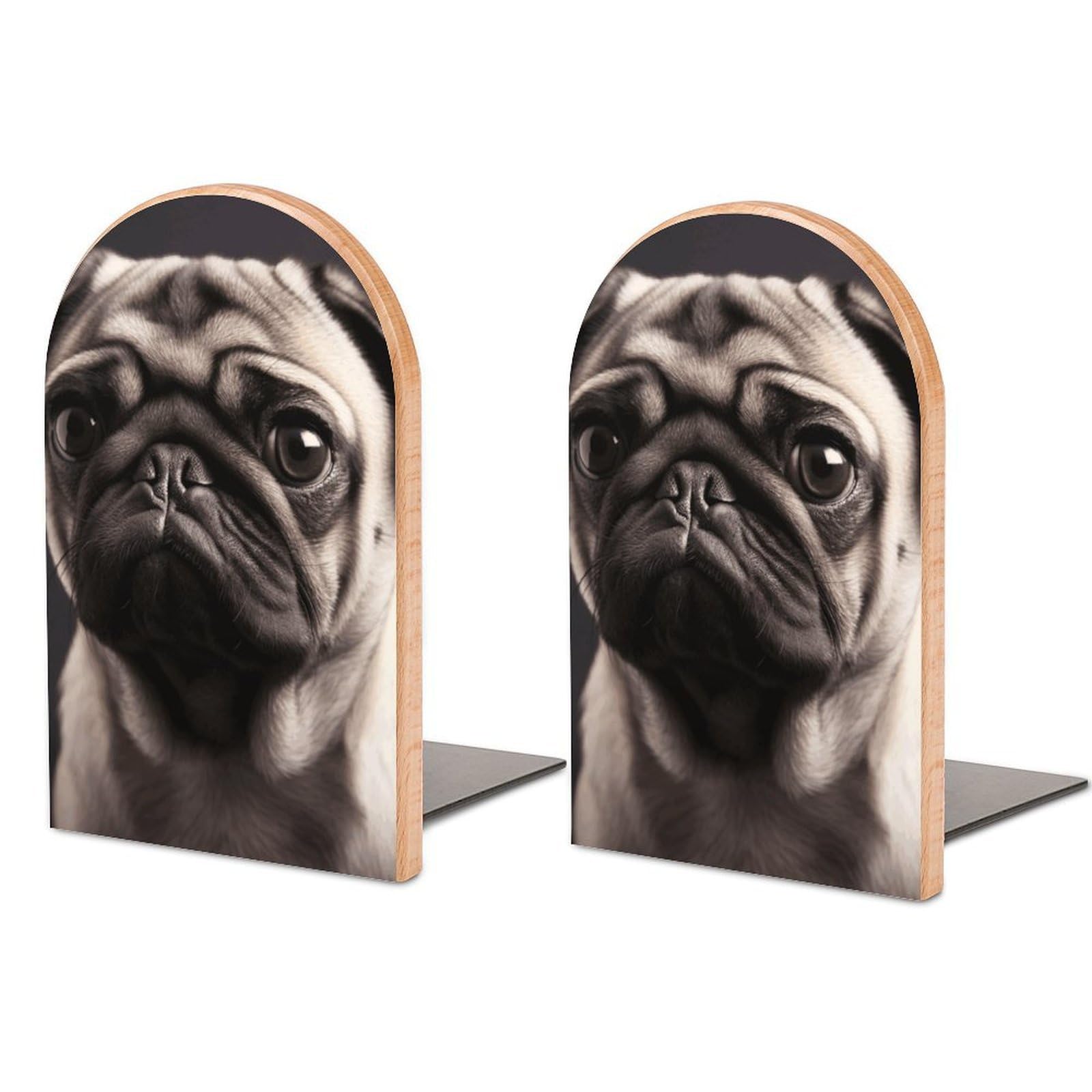 Beech Wood Book Ends Pug Printed Bookend for Shelves Home Decorative Bookends for Heavy Books for Office Bookshelves
