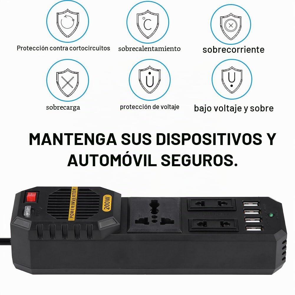 200W Power Inverter, DC 12V a AC 220V Inversor de corriente para automóvil con 4 puertos USB Encendedor de cigarrillos Inversores a bordo