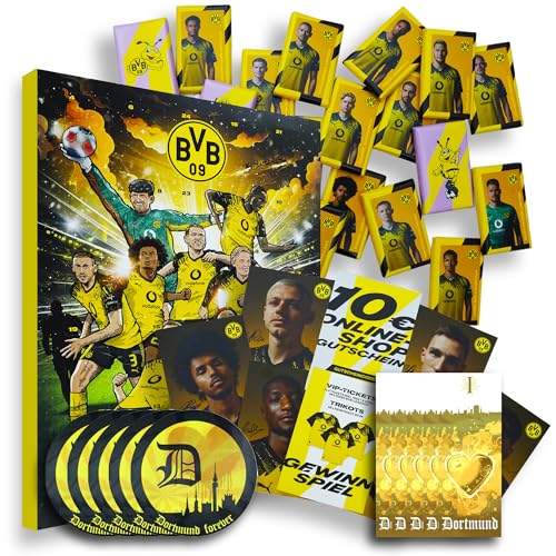 Borussia Dortmund Adventskalender XXL mit Autogrammkarten der BVB 09 Stars, 25 x Schokoladen Täfelchen, Gutschein und 5 gratis Aufkleber forever Dortmund plus 5 Lesezeichen I Love Dortmund