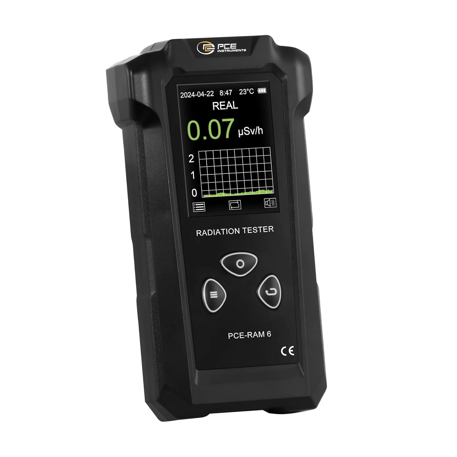 PCE-RAM 6 Radioactivity Meter for a range of 0.00 to 1000 µSv/h/Beta Radiation, Gamma and X-ray, Geiger Garbage Counter Tube/Temperature, Date and Time Display