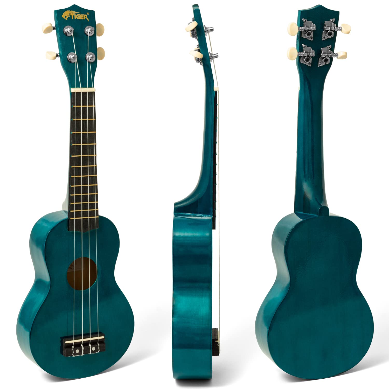 TIGER UKEKIT-TB ukulele sopranowe dla początkujących, zawiera torbę na koncerty, filcową kostkę, zapasowy zestaw strun jest teraz wyposażony w struny Aquila - turkusowy niebieski