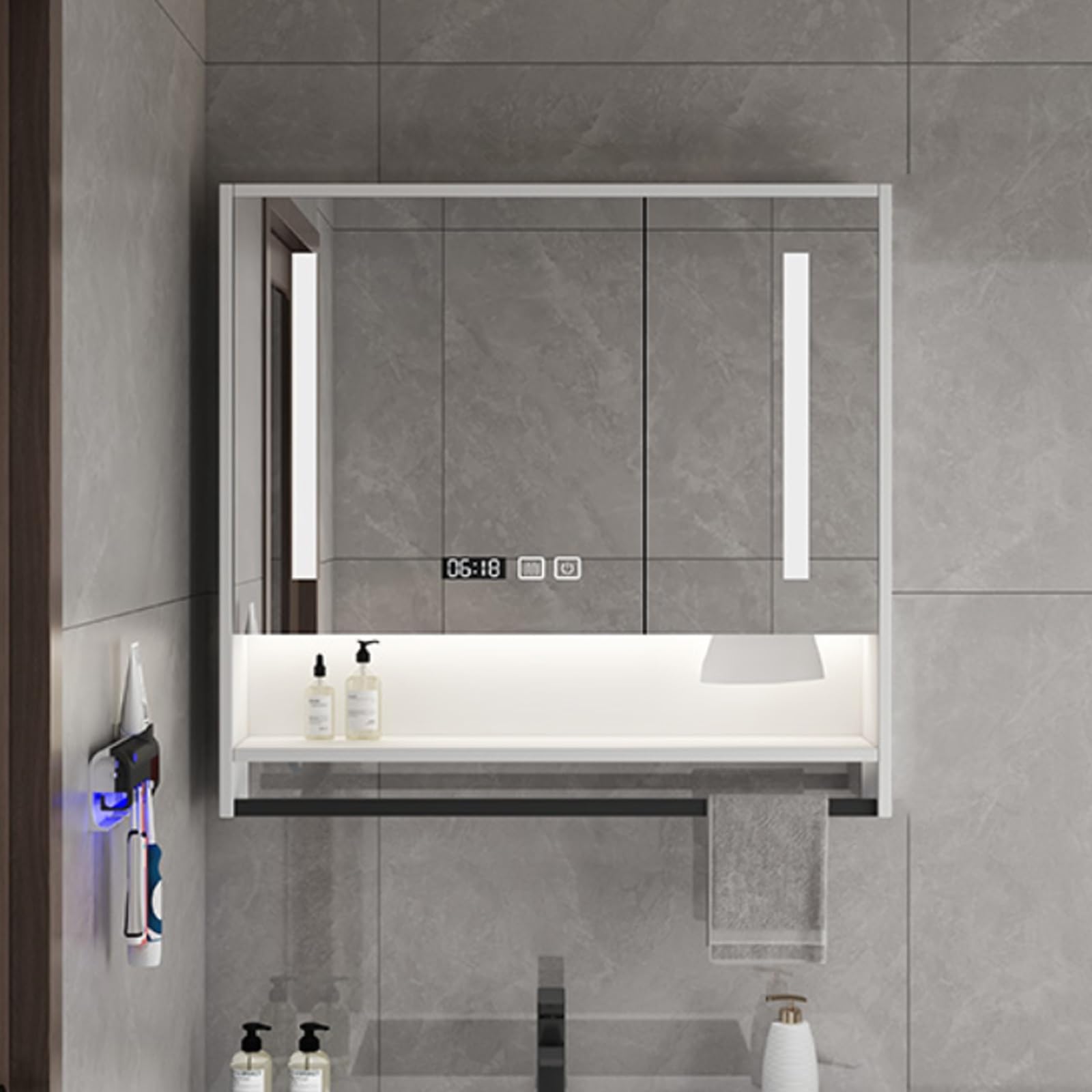Armario baño pared De madera con espejo y luz,espejo baño con almacenaje y luz,armario espejo baño led Espejo Antivaho de Maquillaje Inteligente,Visualización de la hora,Agujero de papel,Barra de toal