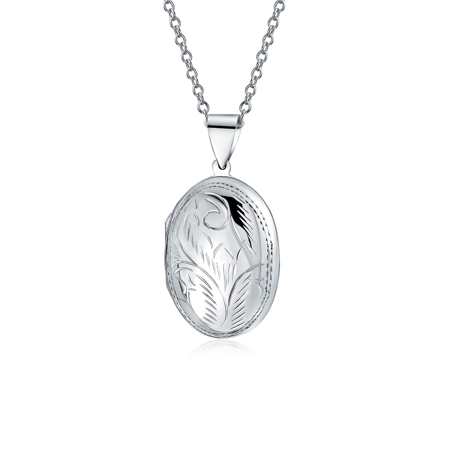 Vintage Style Personalized Engrave Floral Leaf Oval Photo Lockets for Women .925 Silver Necklace Pendant Holds Pictures Available in Small Medium Large