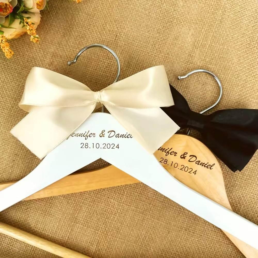 Miguha Personalized Wedding Coat Hanger, Custom Bridal Wedding Dress Wood Clothes Hanger Groomsmen Bridesmaid Shower Gift, Engraved Names and Date