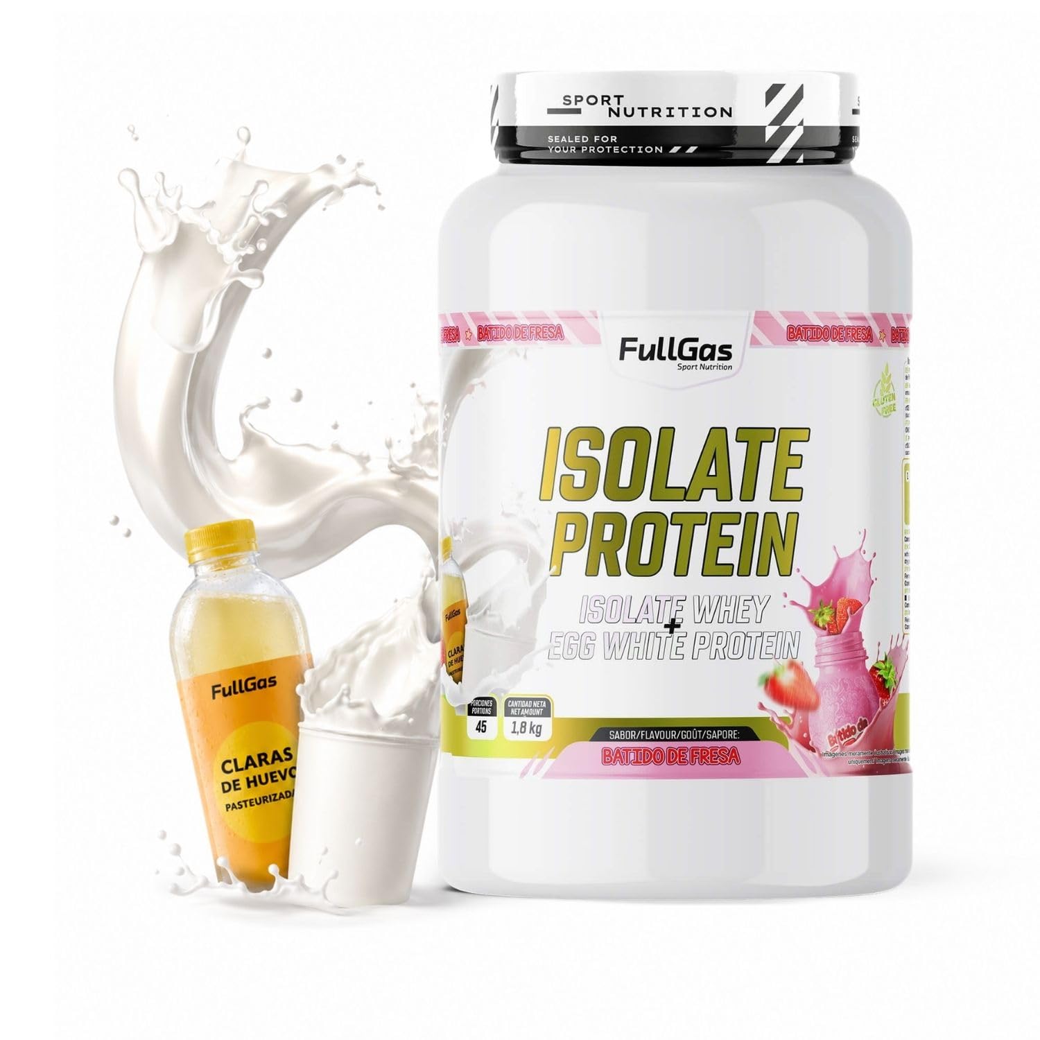 FullGas Aislado de Suero con Proteína de Clara de Huevo | Batido de Fresa | 900g | Sin Gluten | 100% Vegetariano