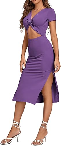 Miniatura 4 de LYANER Vestido midi de punto de manga corta con cuello en V y corte frontal para mujer