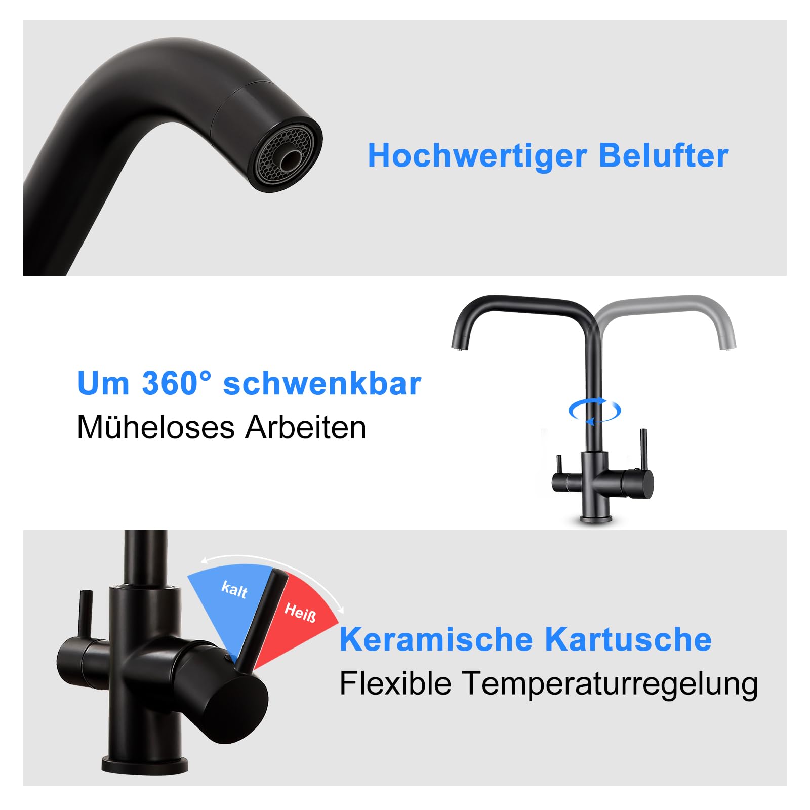 Grifo de tres vías negro, 3 vías, giratorio 360°, grifo de 3 vías para sistema de ósmosis, grifo de agua potable con 2 palancas, latón para sistemas de filtro, negro retro
