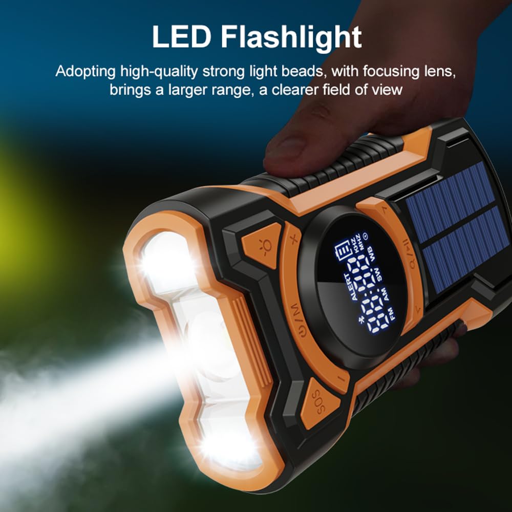 Rechargeable Portable Radio Dynamo avec Lampe de Poche LED, Power Bank 5000mAh AM/FM Radio Manivelle Solaire, SOS Alarm/Lampe Poch/3W Haut-parleurs, Outdoor, Emergency