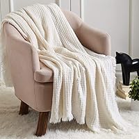 CREVENT Farmhouse Boho Knitted Throw Blanket 50x60 Inch Off White - Soft Cozy Acrylic for Couch Sofa Bed Decor