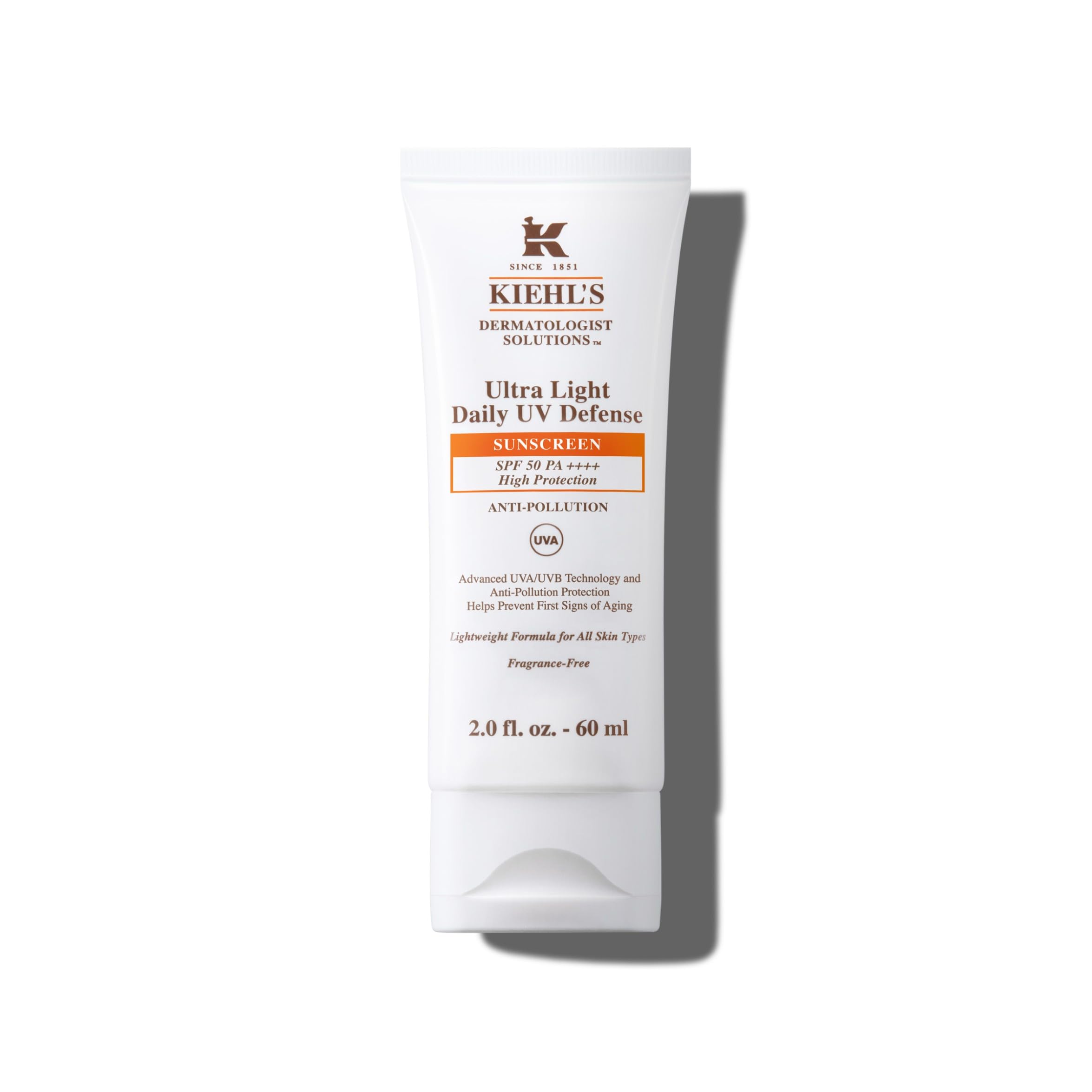 Kiehl's, Fluide Solaire Visage Quotidien Ultra Léger SPF 50, Protection Anti-Pollution, Protection Anti-UVA/UVB, Tous Types de Peau