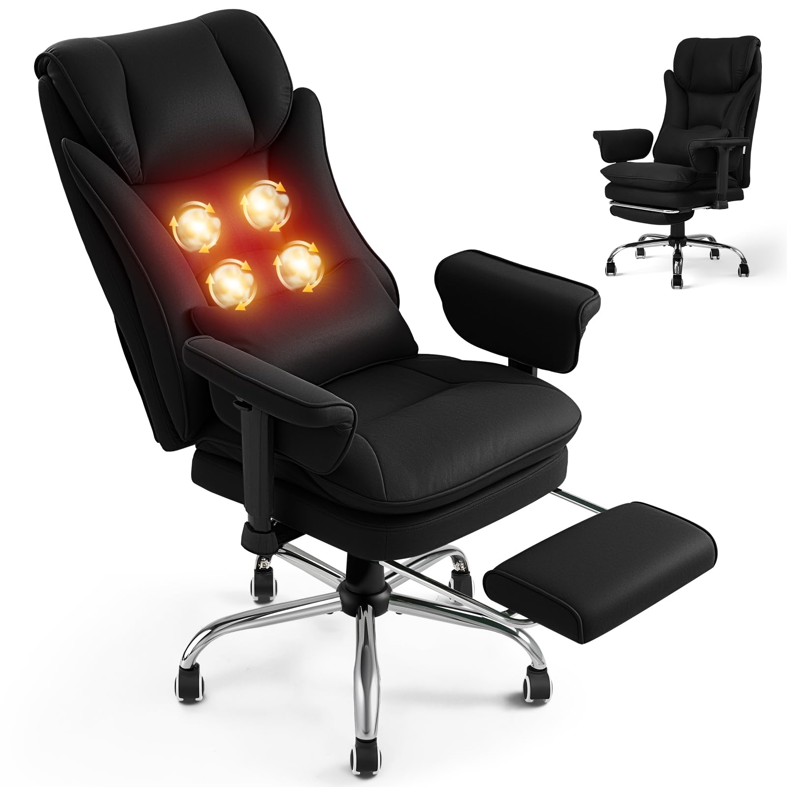 Warmiehomy Massage Office Chair with 4-Point Heated, 155° Reclining, Ergonomic Office Chair with Footrest & Lumbar Pillow, Heavy Duty Executive Computer Chair for Home Office (Tech Fabric, Black)
