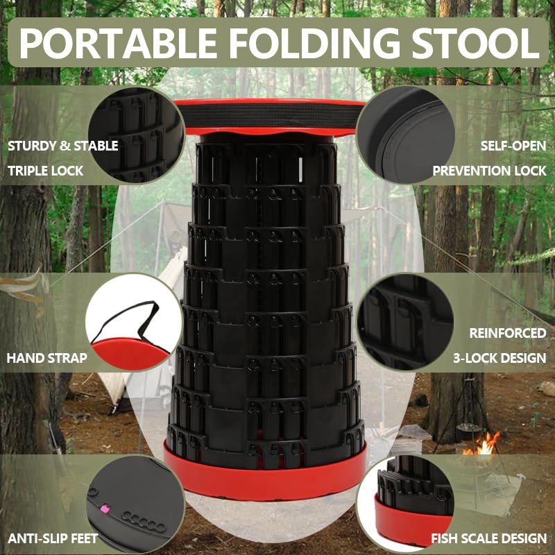 Image of JAEMEYEM Collapsible Stool Chair, Upgraded Folding Stool for Adults Lightweight, Sturdy, Adjustable, Portable, Foldable Seat Sturdy Stools for Outdoor Camping Fishing Hiking Gardening BBQ