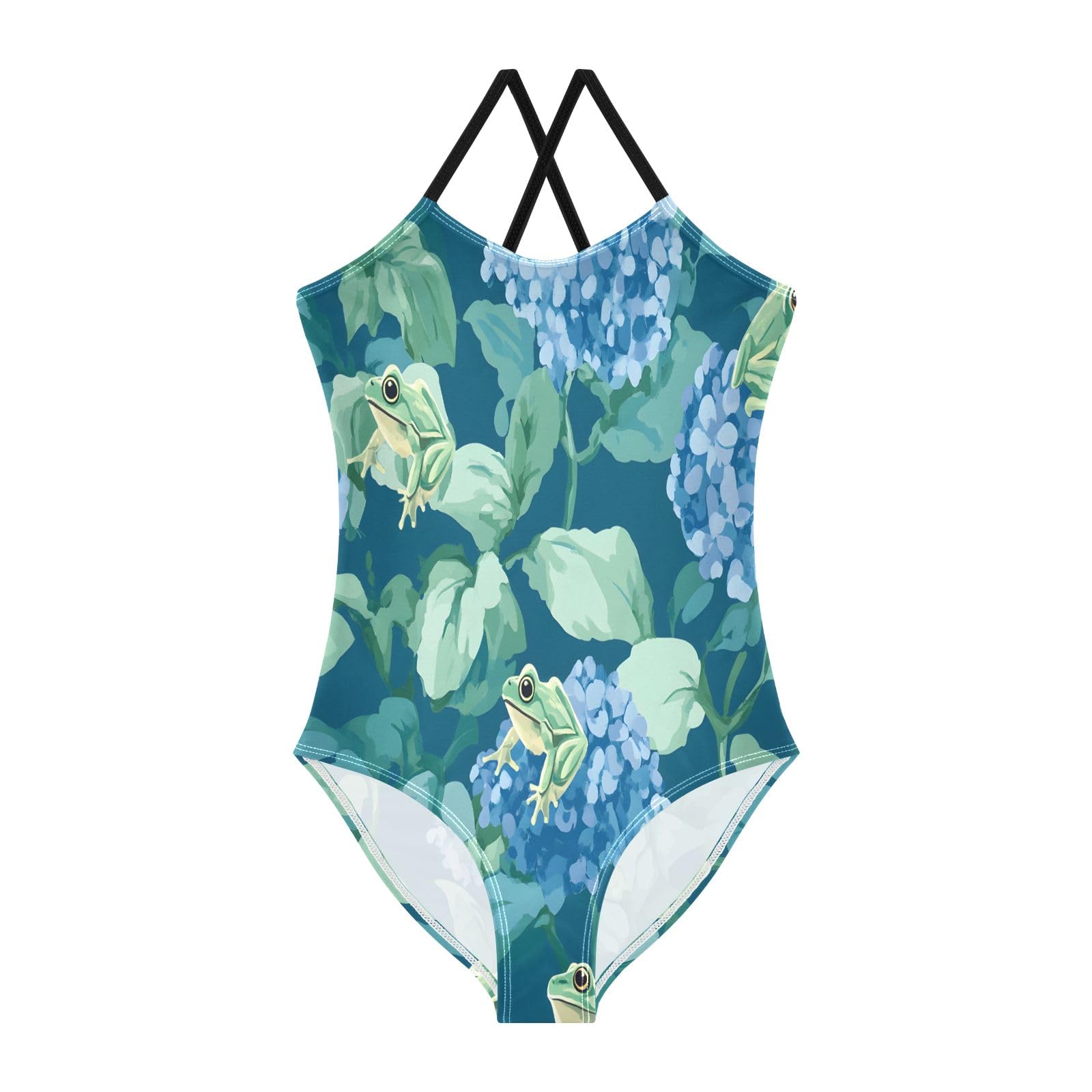 Green Frog Blue Hydrangea Pattern Girls One-Piece Swimsuit Beach Swim Bathing Suit