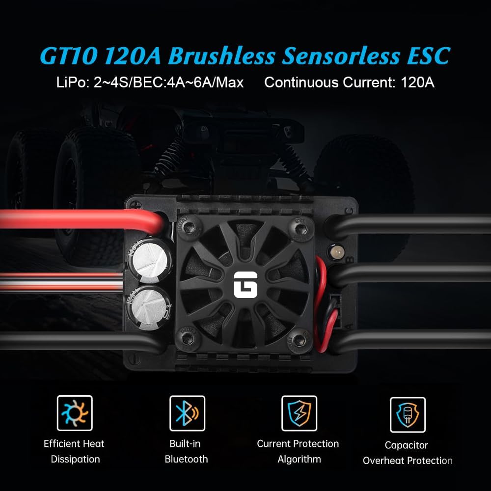 GLOBACT GT10 120A Sensorless Brushless ESC 2-4S Lipo Waterproof Built-in Bluetooth Electronic Speed Controller for Traxxas Arrma Big Rock LOSI 1/10 RC Truck Upgrades