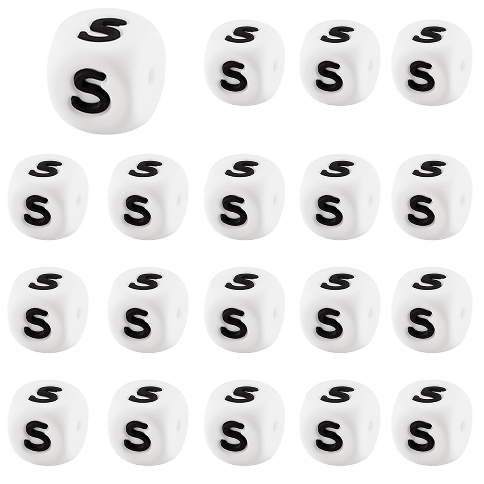 LEGENTLISUR 20Pcs Silicone Letter Beads 12mm Square Dice White Alphabet Loose Beads for Friendship Bracelets Words Keychains Jewelry Crafting DIY Projects (Letter S)