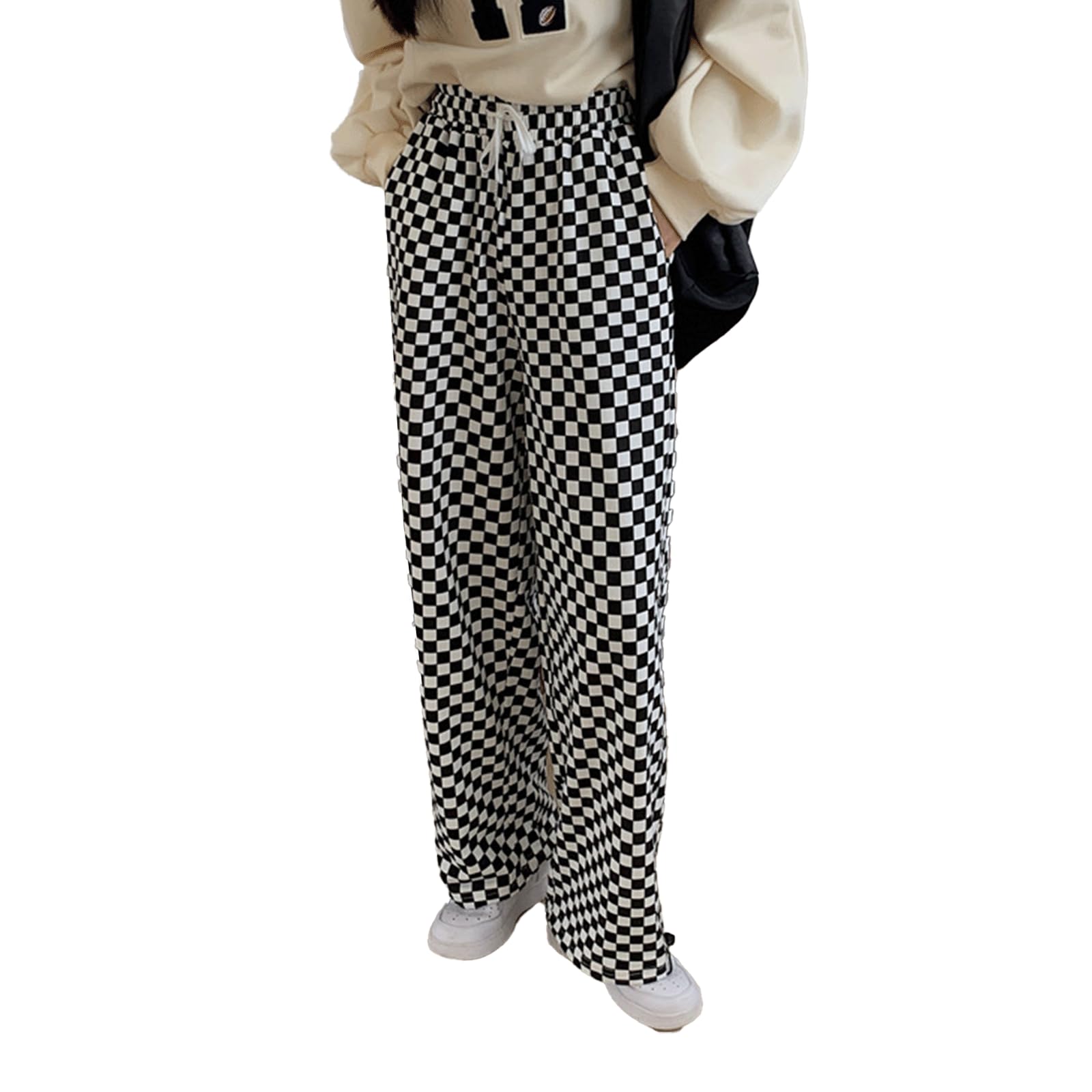 Black Checkered Pants Women Drawstring Casual Gingham Trousers Loose Fit Wide Leg Bottoms High Waist Plaid Sweatpants Black