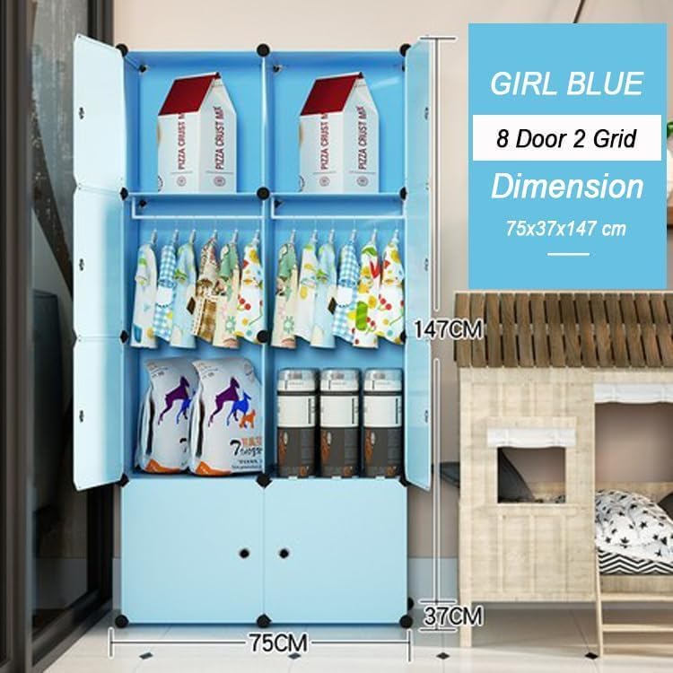 Image of 8 Door Kids Cartoon Wardrobe Storage Cabinet - DIY Modular Clothes Organizer with Hanging Cartoon Design Wardrobe with Multi for Bedroom, Living Room,Entryway