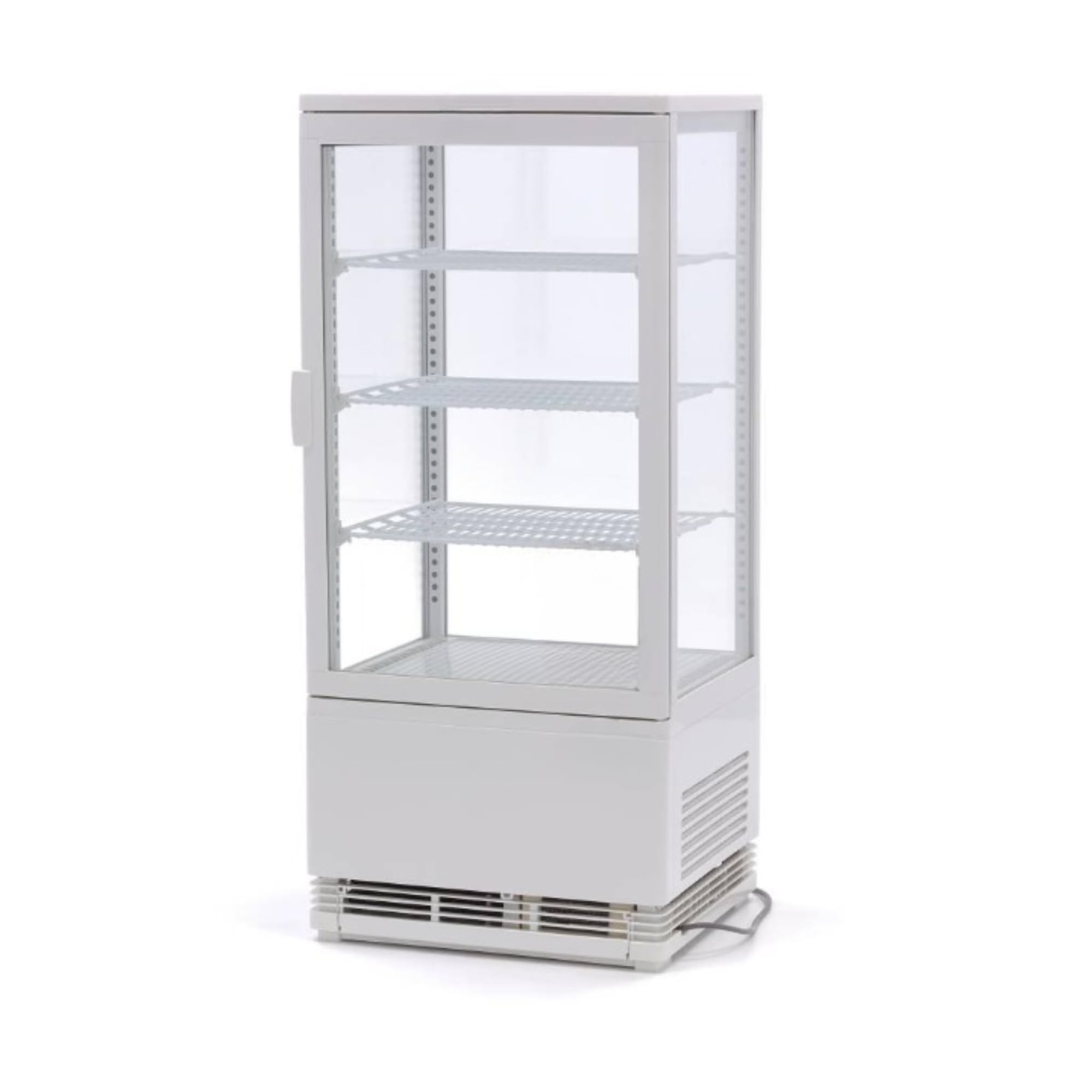 Vitrina refrigerada panorámica blanca 78L – 4 caras acristaladas – Frío ventilado – Iluminación LED – Temperatura 0 a 12°C – Compacta y moderna