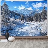 AMM Winter Forest Snow Mountain Tapestry Snowy Pine Tree Woodland Tapestry for Bedroom Aesthetic White Clouds Flowing River Landscape Tapestries Wall Hanging for Living Room Dorm Office 48 x 36 Inch