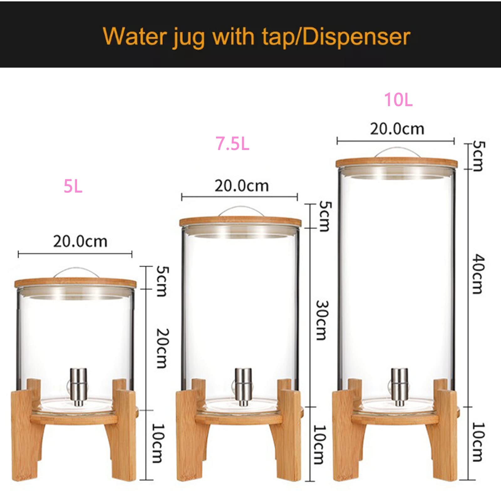 Glazen drankdispenser, 5L/8L/10L drinkkan met roestvrijstalen kraan en houten standaard, gemakkelijk vullen brede mond, voor warme of koude dranken, punch, ijswater voor feesten 5L