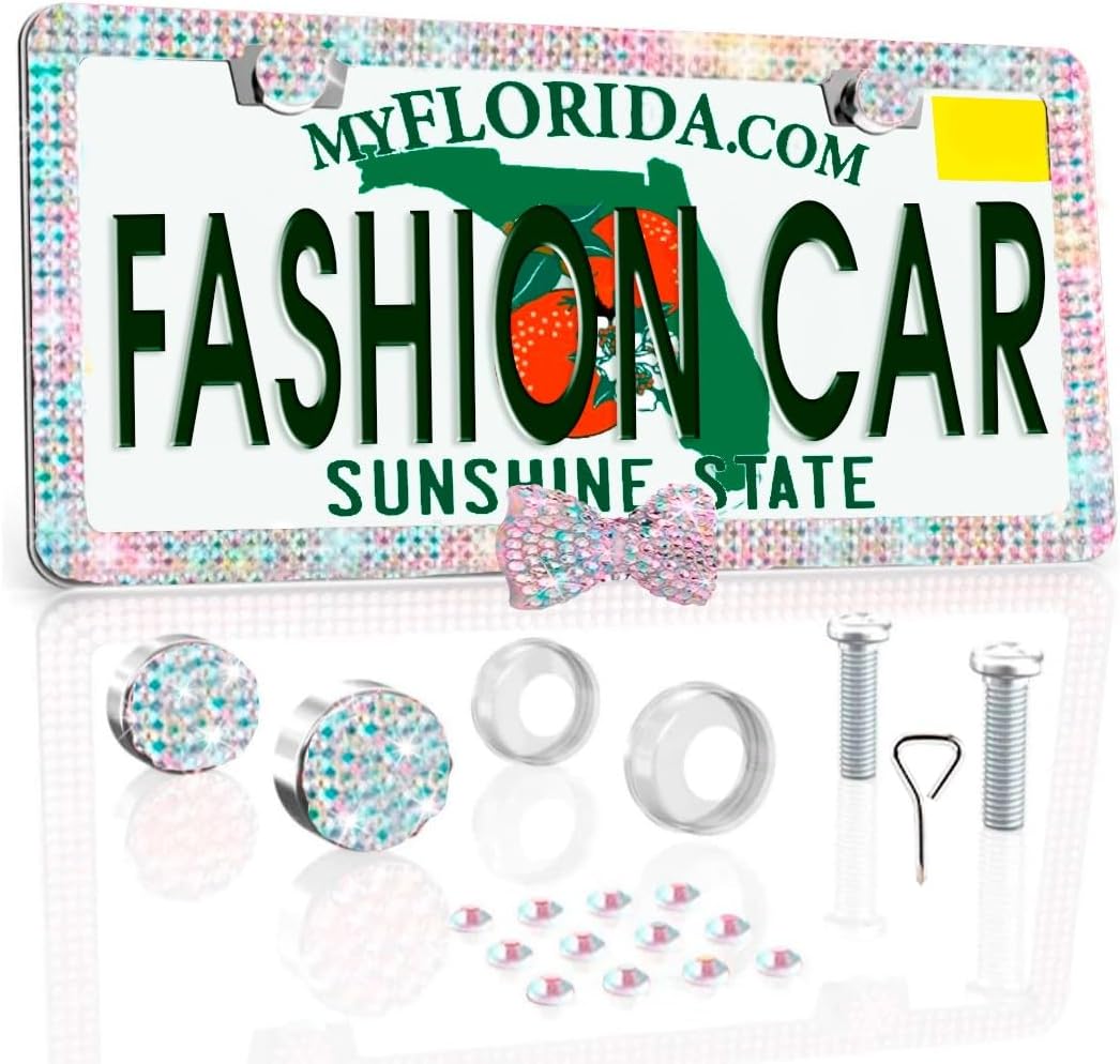 Fashion Car Ultra Bling Fashion License Plate Frame Cover Shiny Especially Brilliant. Stainless Steel Bright Rhinestones. Shiny (White Bow Red)