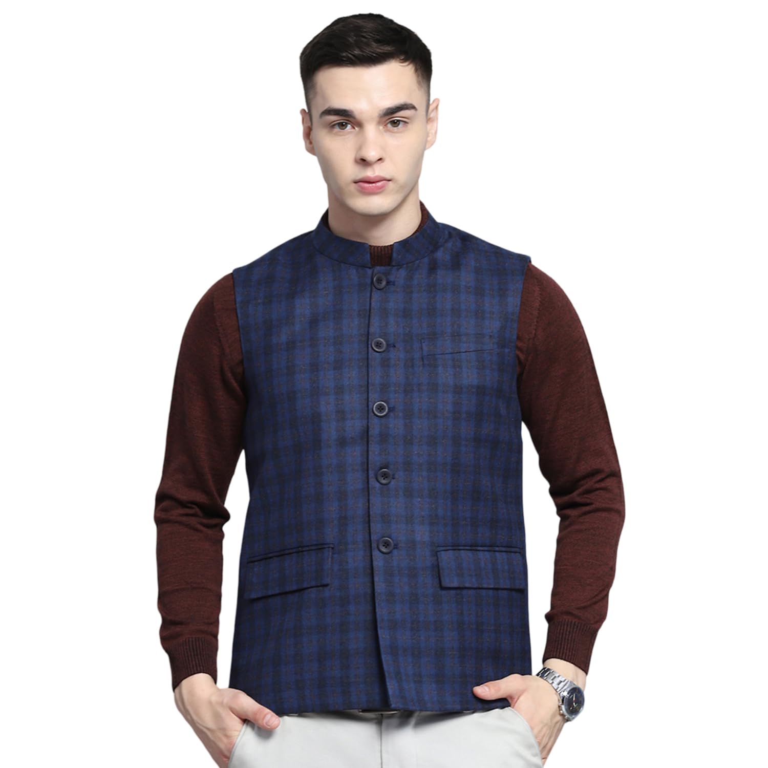 monte carlo Mens Solid Blue Band Neck Sleeveless Jacket-picture-45