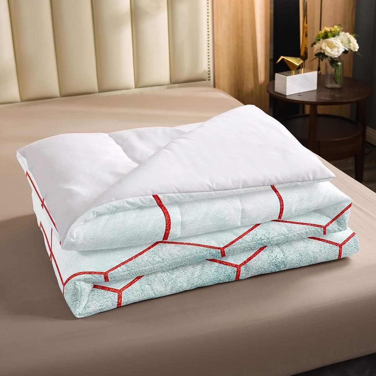 Feelyou Honeycomb Turquoise Bedding Set Geometric Rectangle Plaid Hexagon Comforter Set Modern Marble Textured Duvet Set Luxury Microfiber Quilt Set Bedroom Collection 3Pcs Queen Size