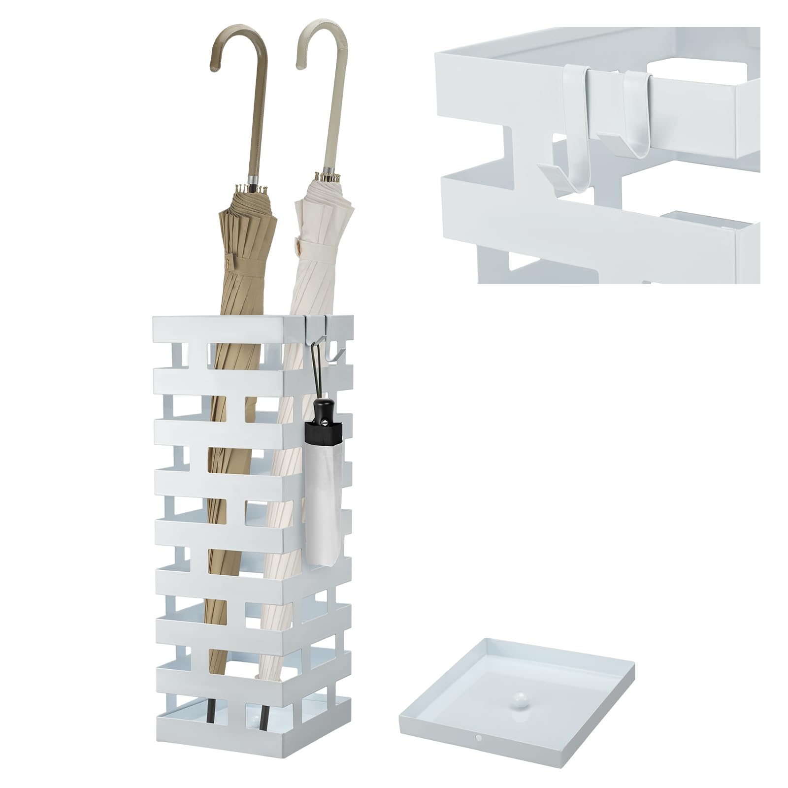 Tudomro Umbrella Stands for Entryway Large Metal Umbrella Holder with Removable Water Tray and Hooks Decor Freestanding Rectangular Umbrella Hollow Rack for Home Office (White, 6.3 x 5.5 x 16.5 Inch)