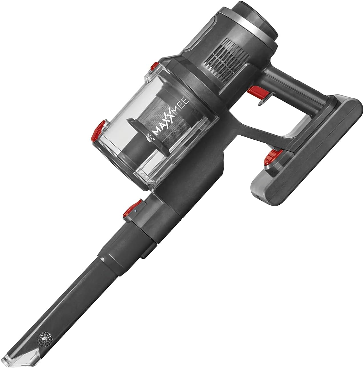 Close-up of the MAXXMEE handheld vacuum unit with dust bin and handle