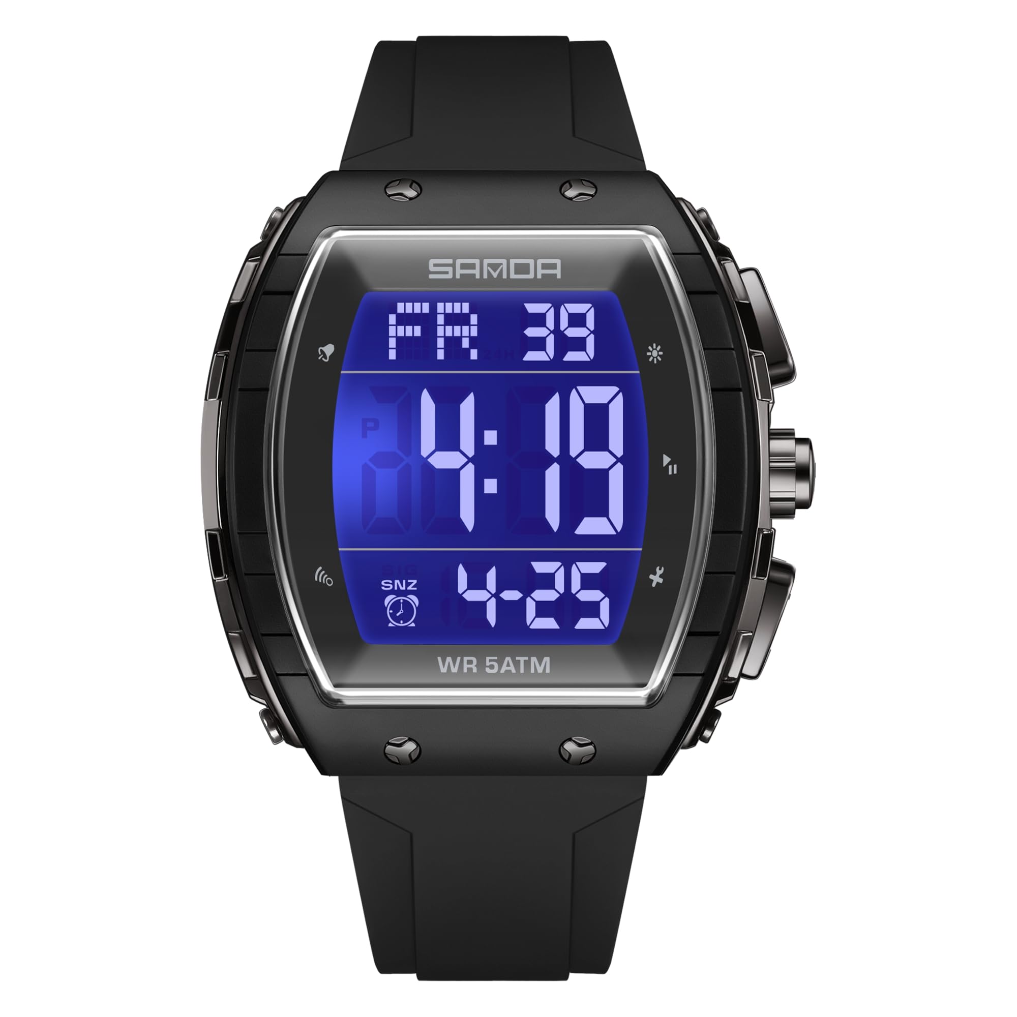 CARLIEN Montre numérique pour homme - Étanche jusqu'à 5 ATM - Bracelet en silicone - Double heure - Alarme - Compte à rebours - Chronomètre - Rétroéclairage LED