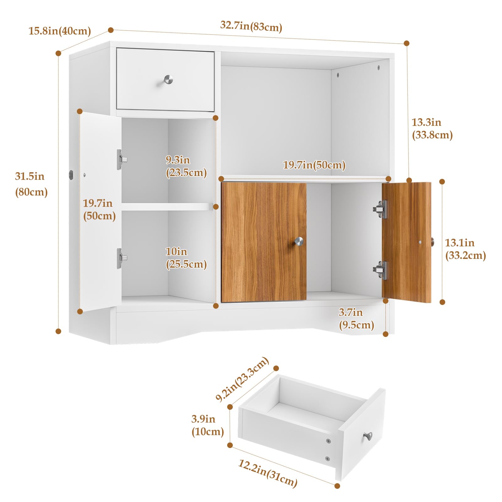 Aparador de Cocina con 3 Puertas, Cajón y Estante para Microondas | Mueble de Almacenaje, Blanco y Madera Natural, 83 × 40 × 80 cm