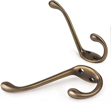 HASWARE 6 PCS Double Prong Robe Hook, Dual Coat Hooks with 12 Pieces Screws Antique Wall Mounted Hooks Robe Vintage Hooks Hangers Large Heavy Duty for Hat Clothes Hanger Towel Keys (Antique Brass)