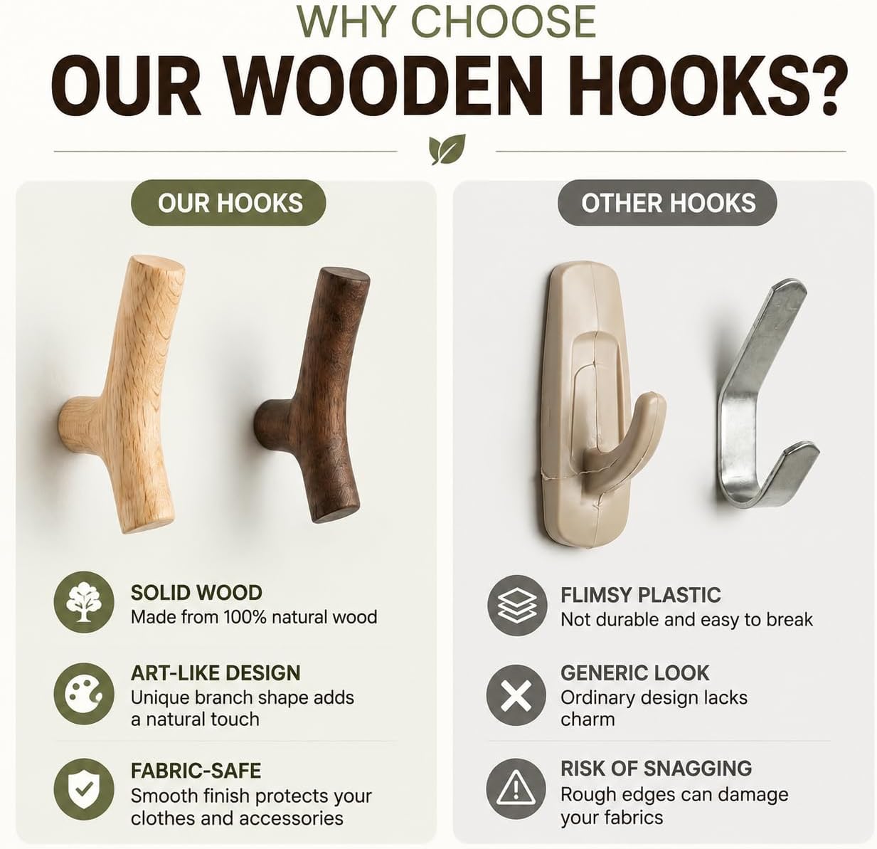 Walnut Wood Branch Wall Hooks, 4 Pack, Coat Hooks for Hats, Keys & Bags