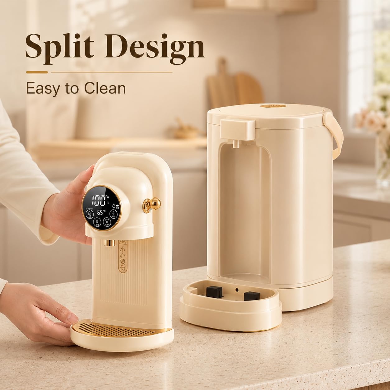 Natychmiastowy dozownik ciepłej wody 3.8L, 1200W Szybki wrzód w 8 sek, Touch Sn z 6 ustawieniami temperatury 45-85C, Zdejmowany zbiornik do kawy herbacianej, Bezpieczne funkcje Bei
