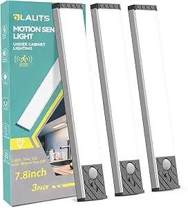 Under Cabinet Lighting, Equipped with Motion Sensor, Rechargeable Battery Operated，3-Level Adjustable Brightness, 3 Pack Magnetic Under Counter Lights for Kitchen, Closet, Pantry, 7.8"