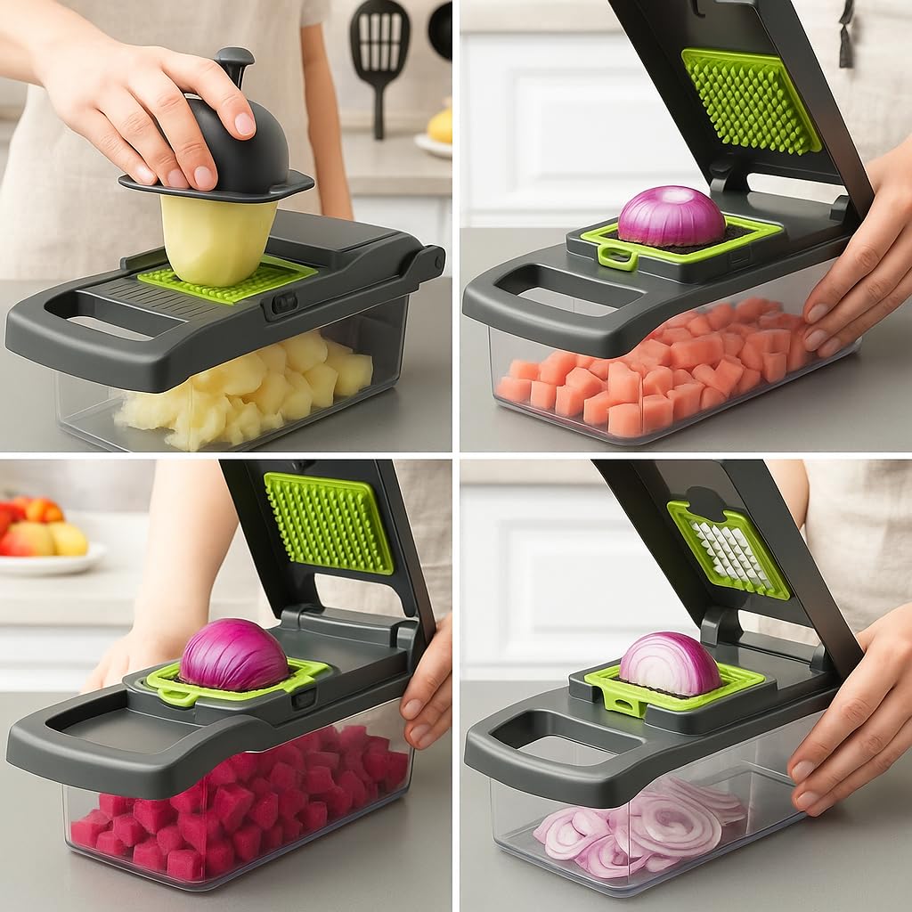 Vegetable Chopper and Slicer Set, 14-in-1 Multifunctional Food Dicer with Container, Multi-Blade Kitchen Mandoline, Green