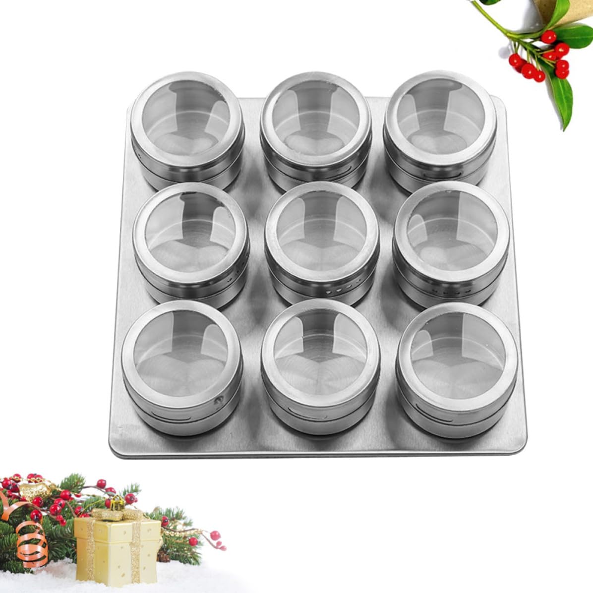 PRETYZOOM Tarros para Especias y Base Magnética para Almacenar Condimentos Set de 9 de Acero Inoxidable con Ventana Visible en Cocina o Barbacoa