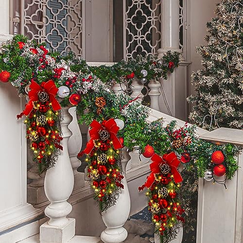 Meooeck 3 Pcs Christmas Pre Lit Wreath and Swag with Lights Artificial 24in Christmas Garland for Front Door Outdoor Indoor Home Party Decoration with Bow Pine Cones Berries Battery Operated(Red) - Thumbnail 4