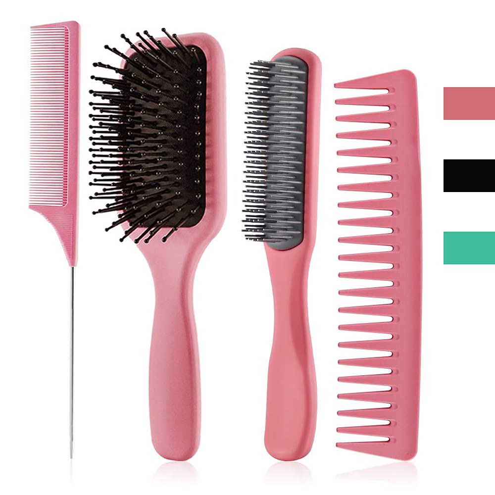 Mythus 4 IN 1 Hair Brush Kit Anti Static 9 Row Styling Comb,Paddle Brush,Carbon Tail Comb, Wide Teeth Comb For Lady Or Men, Ideal Hair Care Solution (Pink)