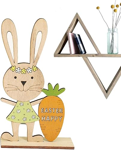 Xuyuan Easter Wooden Table Centerpieces Rabbit with EggCarrot Tabletop Centerpiece Cute Rabbit Sign Spring Decorations for Home Office Cafe Shop