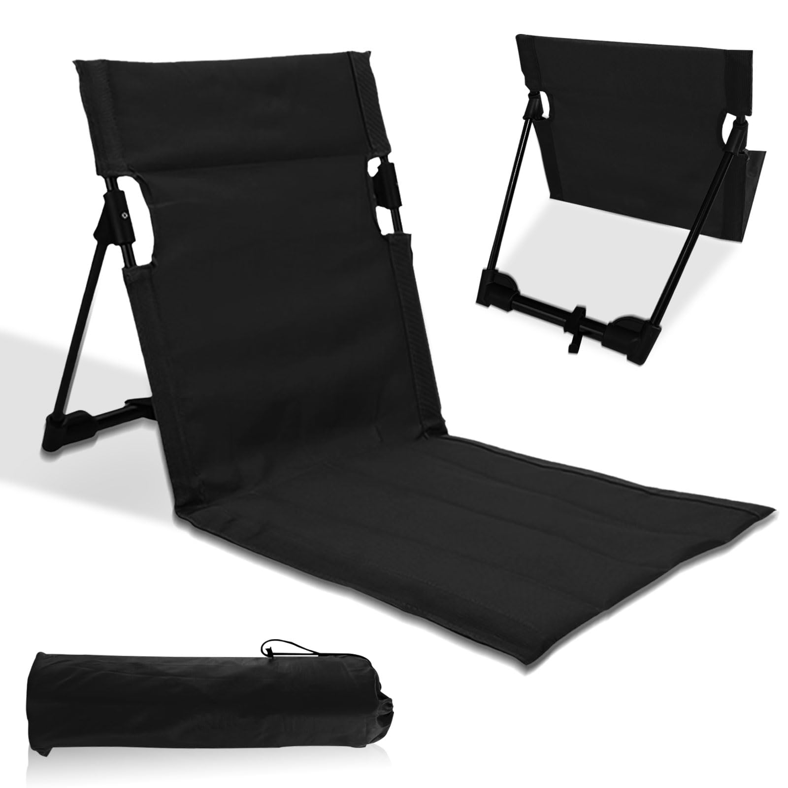 Silla de Suelo Plegable con Respaldo,Ligero y Plegable Tumbona Playa,Ajustable Esterilla De Playa Plegable para Camping, Actividades al Aire Libre, Playa y Viajes (Negro)