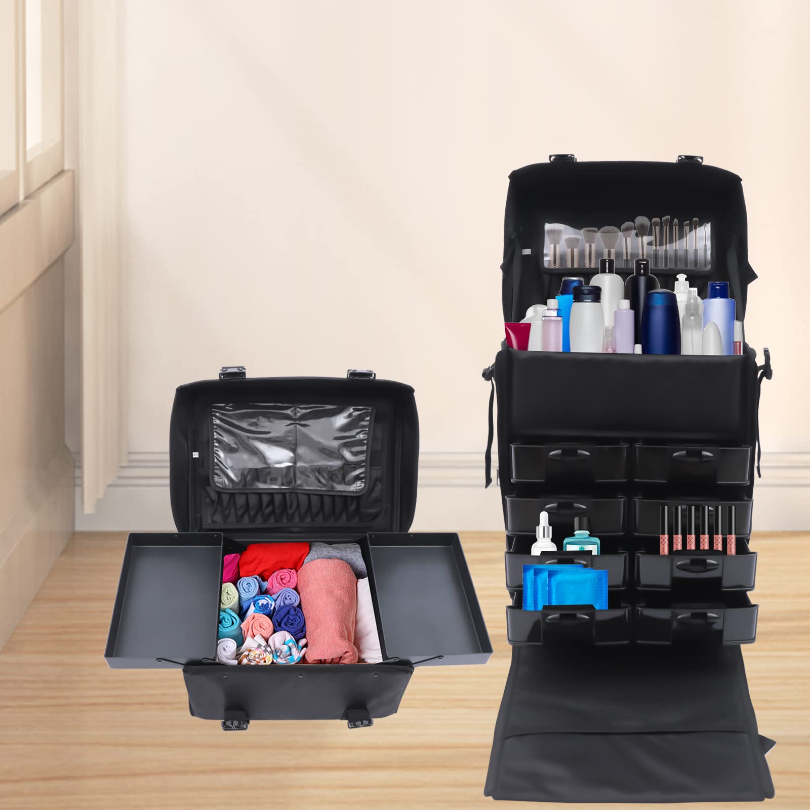 2 in1 Kosmetik Trolley Kosmetikkoffer, Schubladen Make up Koffer Nagelkkoffer Beauty Case Friseur Box Multikoffer, Make-up Reisen Friseure Friseurkoffer & Wheels