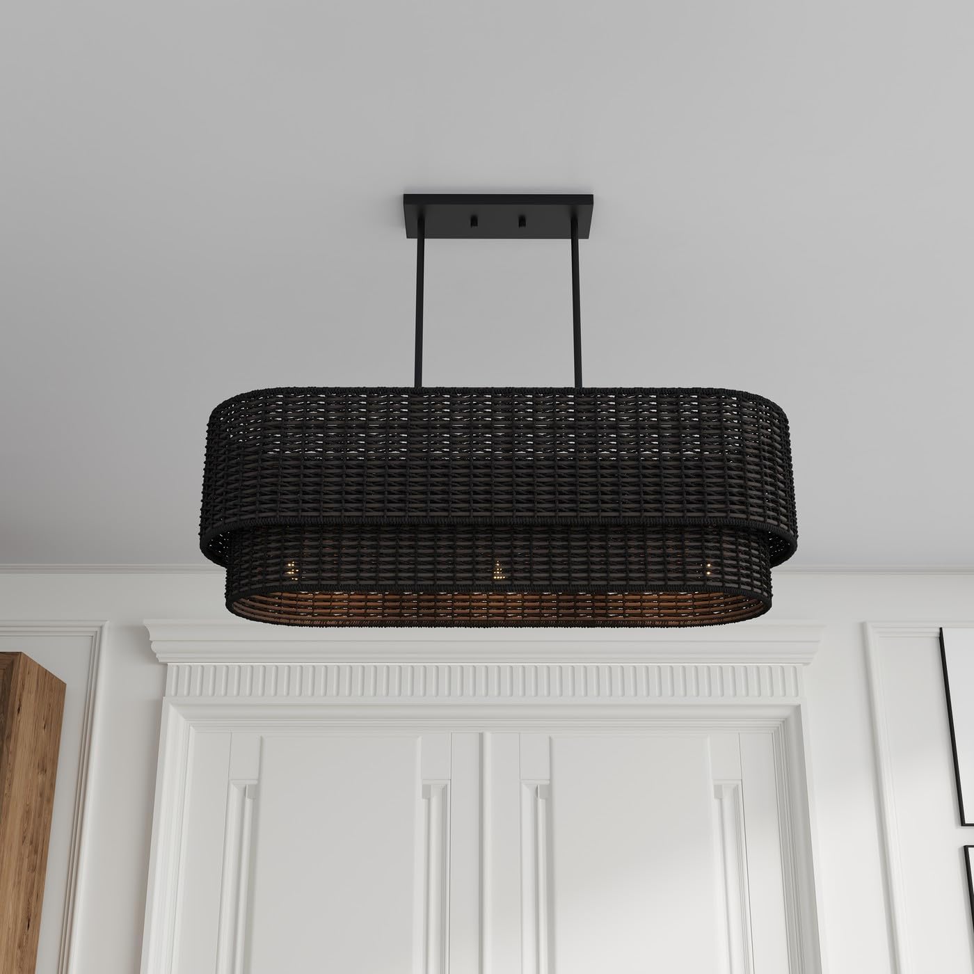 Aiwen 3-Light Rattan Chandeliers, 35.03 inch Farmhouse Black Chandelier with Rattan Lampshade, Boho Chandelier Hand-Woven Rattan Pendant Light Fixture for Kitchen Island Dining Room